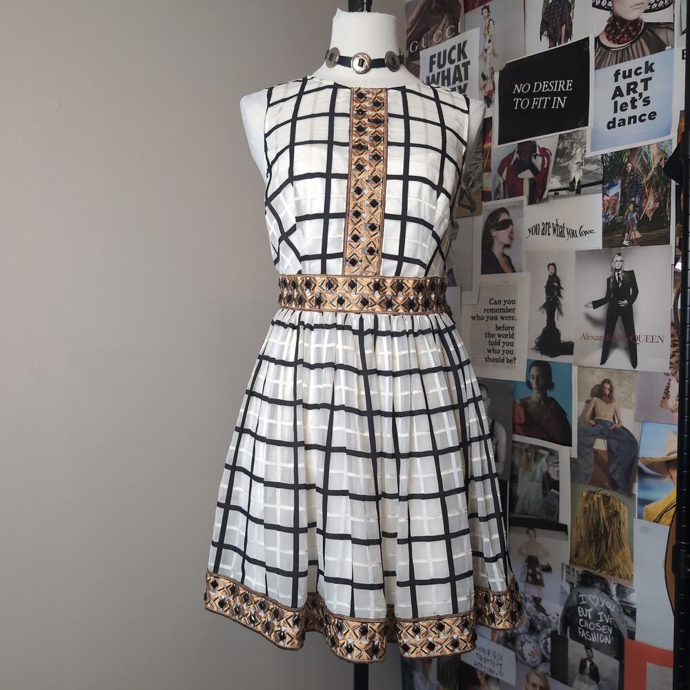 Grid Pattern Sleeveless Dress With Beaded Trim